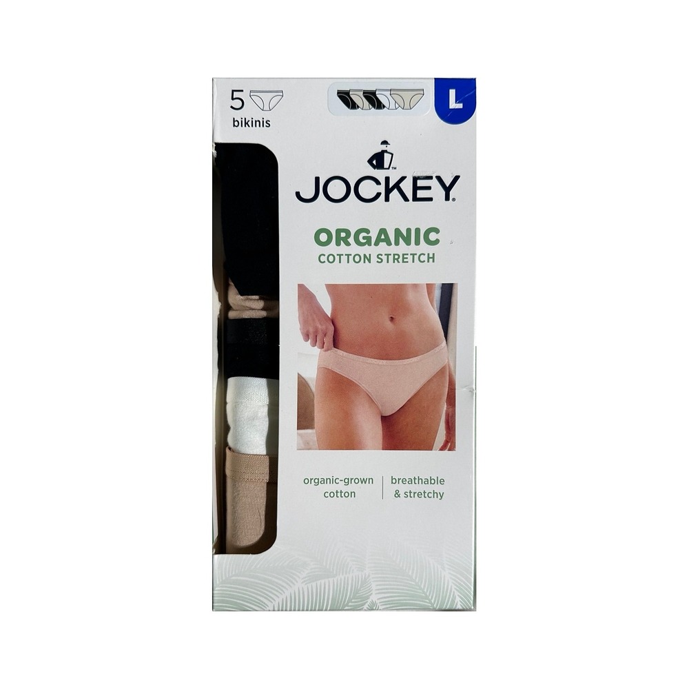 Jockey Organic Cotton Stretch Bikini Underwear 5 Pack Black White Tan Large L